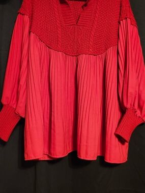 Red Women's Plus Size Pleated Knit-Yoke Pleated Top